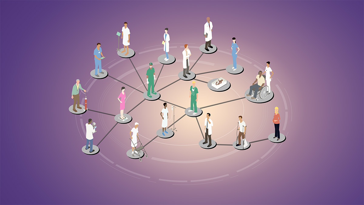 Illustration of various kinds of people standing on circles connected to each other representing a network