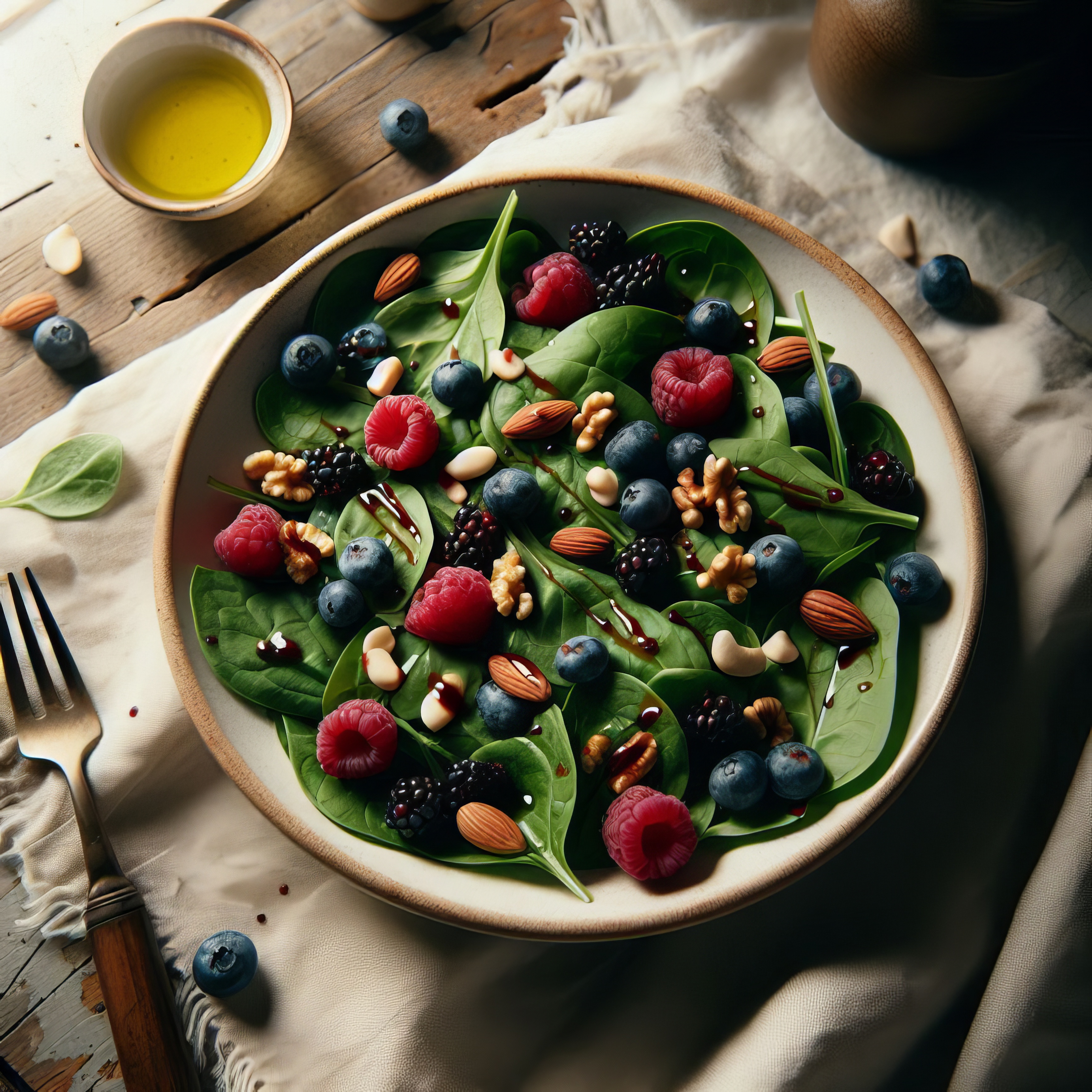 Fresh spinach salad with strawberries, blueberries, raspberries, and assorted nuts.