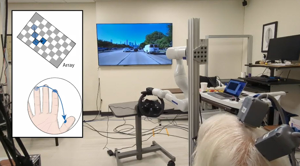 Man with two devices implanted in his brain before a bionic arm controlling a steering wheel and a screen showing traffic. An inset illustration shows movement across a grid reflected on fingers. 