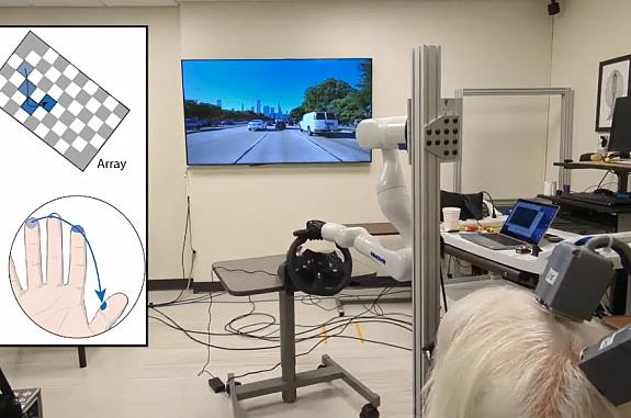 Man with two devices implanted in his brain before a bionic arm controlling a steering wheel and a screen showing traffic. An inset illustration shows movement across a grid reflected on fingers. 