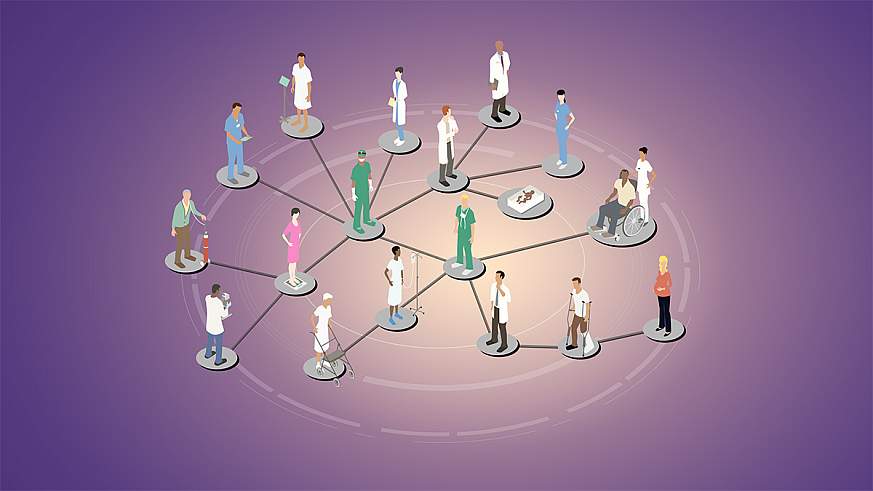 Illustration of various kinds of people standing on circles connected to each other representing a network