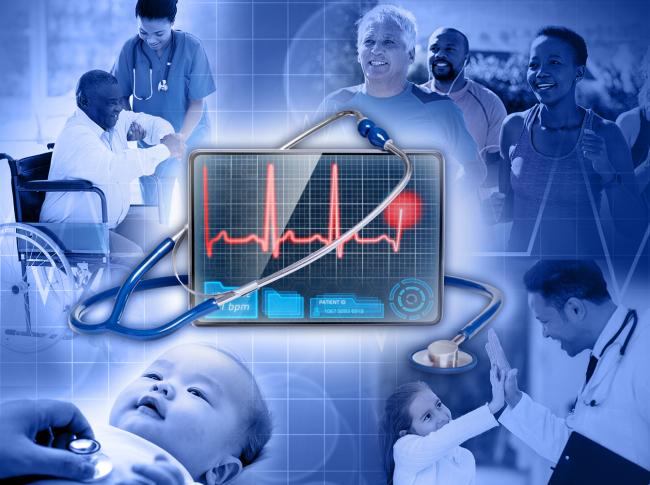 improving-health-collage.jpg Composite graphic of health-focused imagery, with four groups of people in each of the four corners of the image surrounding a heartbeat monitor.