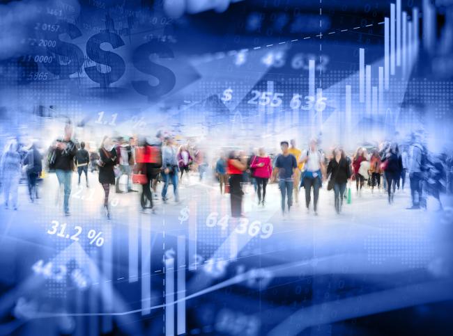 serving-society-collage.jpg Composite graphic of imagery representing society. This includes a crowd of people in the center, surrounded by images of a stock ticker, percentages, arrows and graphs.