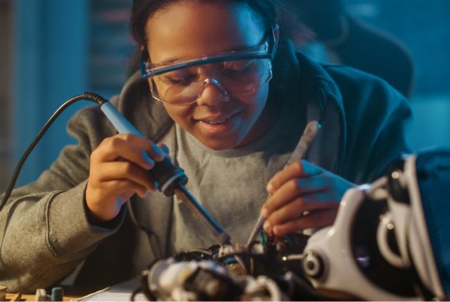 A student using tools to build a science project for the Eye on the Future Video Contest.