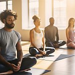 Diverse group meditating in a yoga studio.