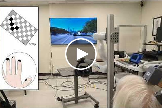 Man with two devices implanted in his brain before a bionic arm controlling a steering wheel and a screen showing traffic. An inset illustration shows movement across a grid reflected on fingers. 